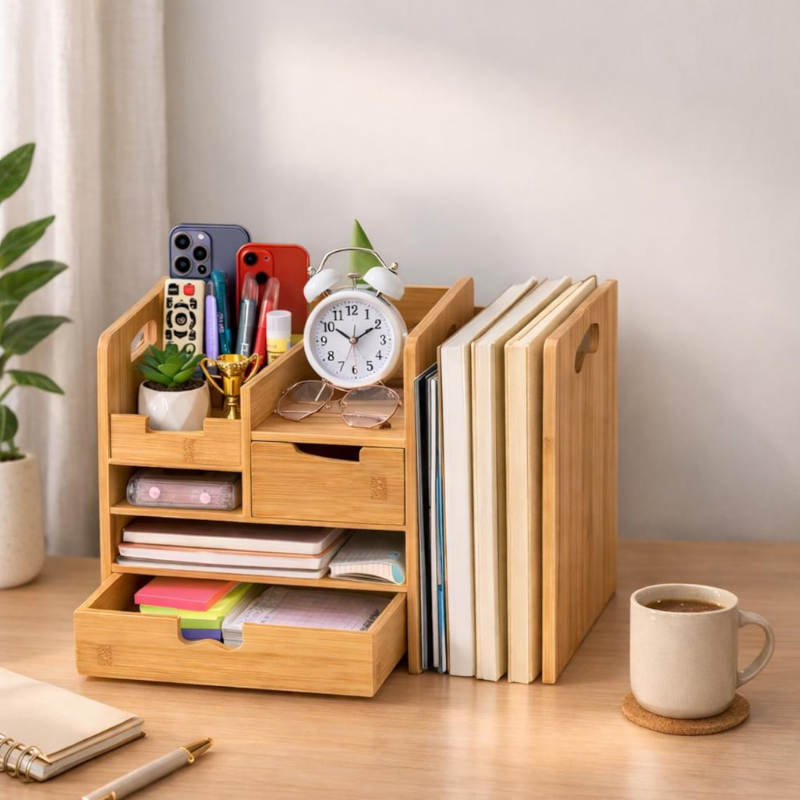 SmartHub Bamboo Desk Organizer with Drawer